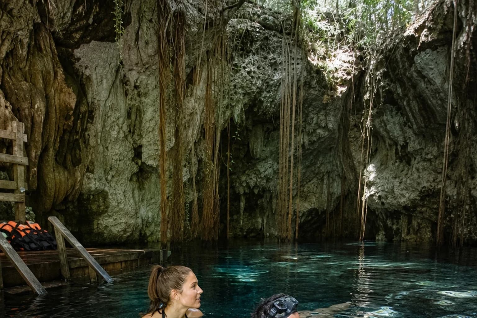 Dos viajeros nadan y practican esnórquel en un cenote de la Península de Yucatán entre raíces y piedra caliza