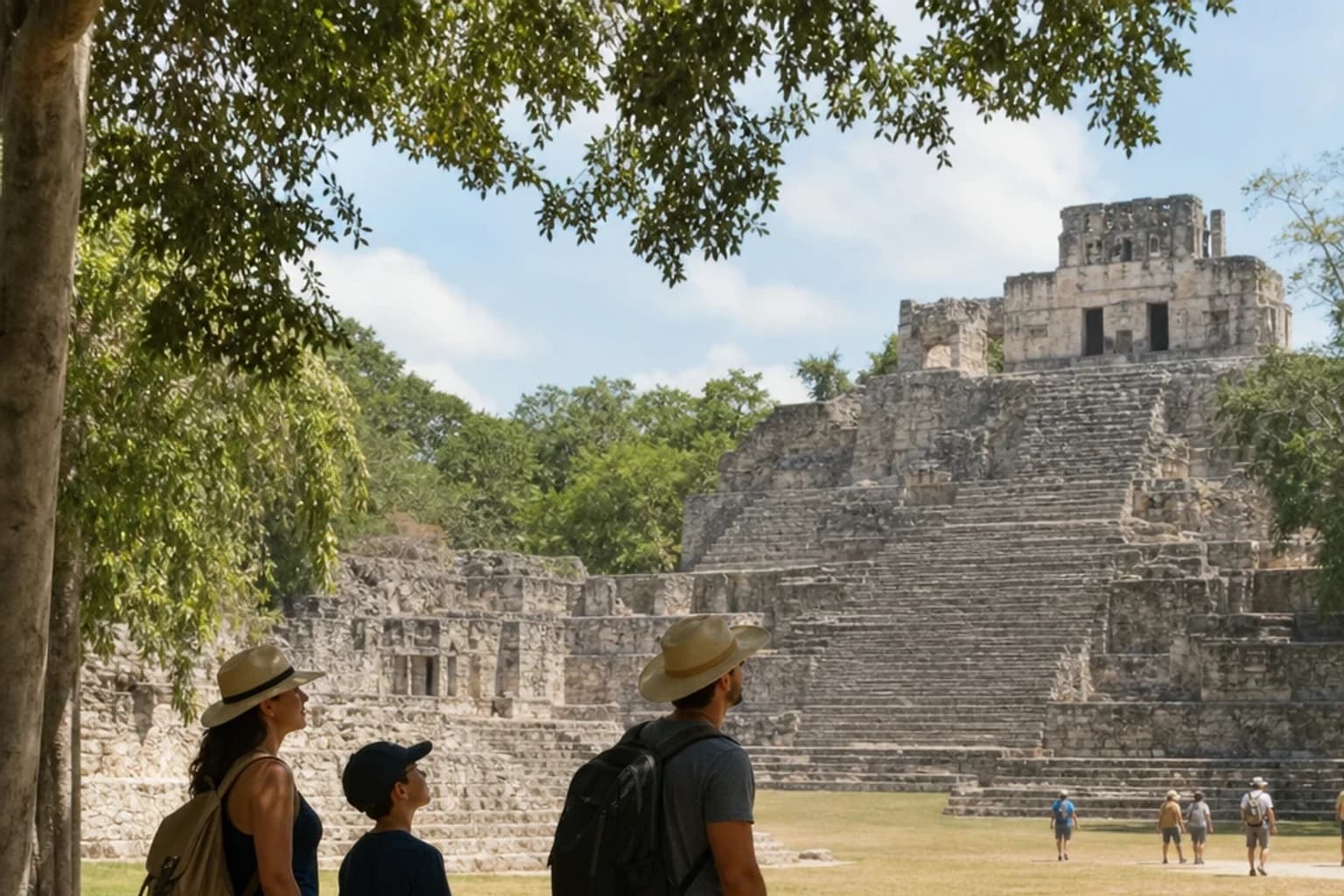 Pareja con su hijo observa una pirámide maya escalonada y templos antiguos durante una excursión desde Quintana Roo