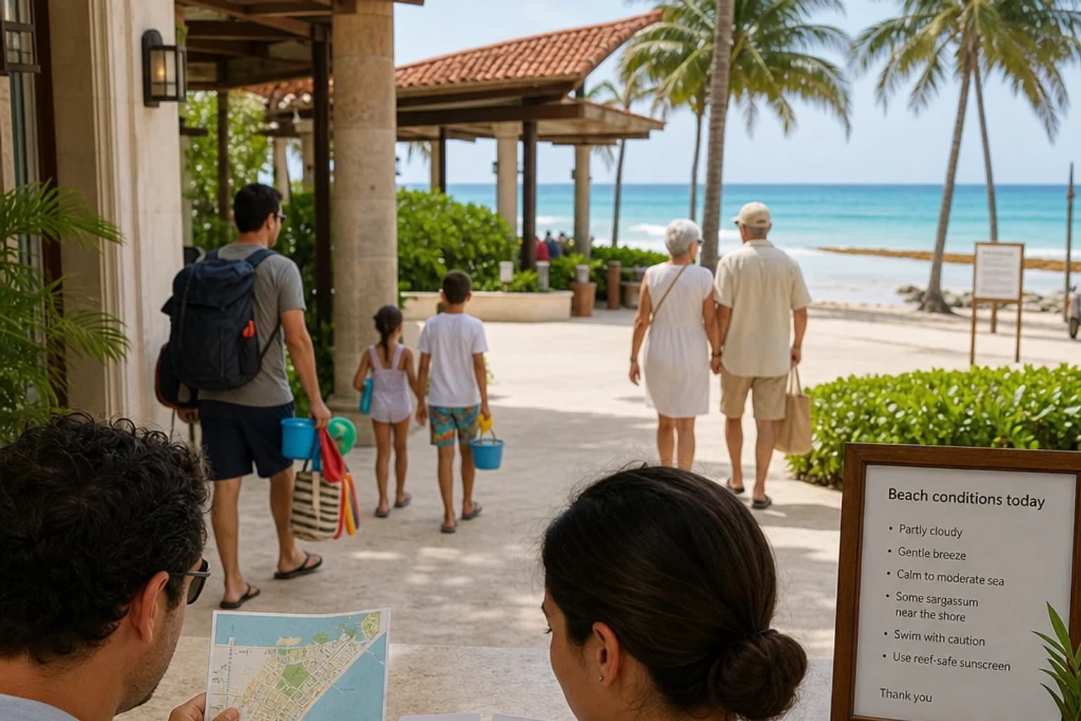 Travelers compare a map and inclusion cards overlooking the beach at an all-inclusive resort in Playa del Carmen