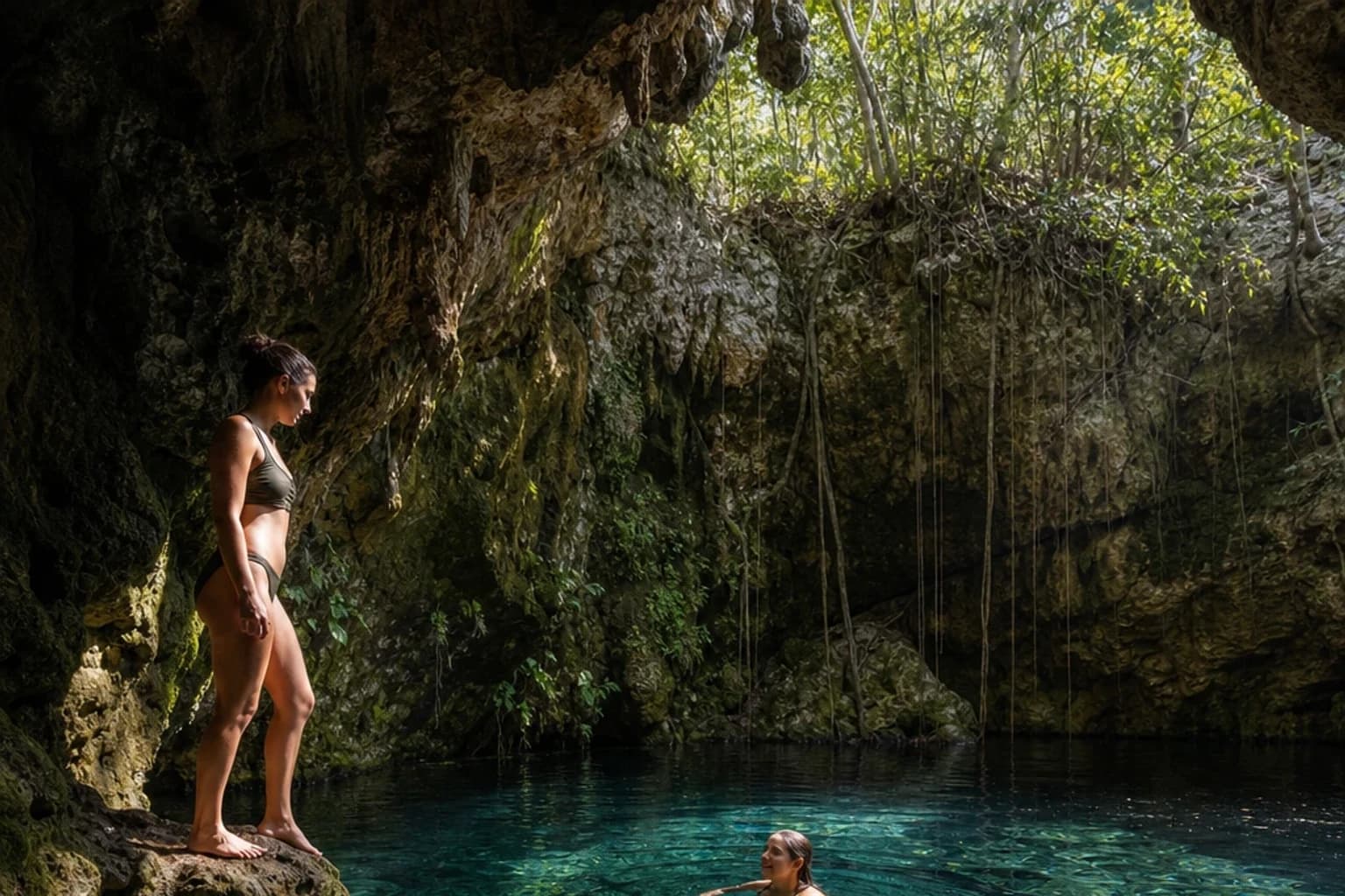 Traveler floating beneath a sunlit cenote opening as another swimmer prepares to enter the clear water
