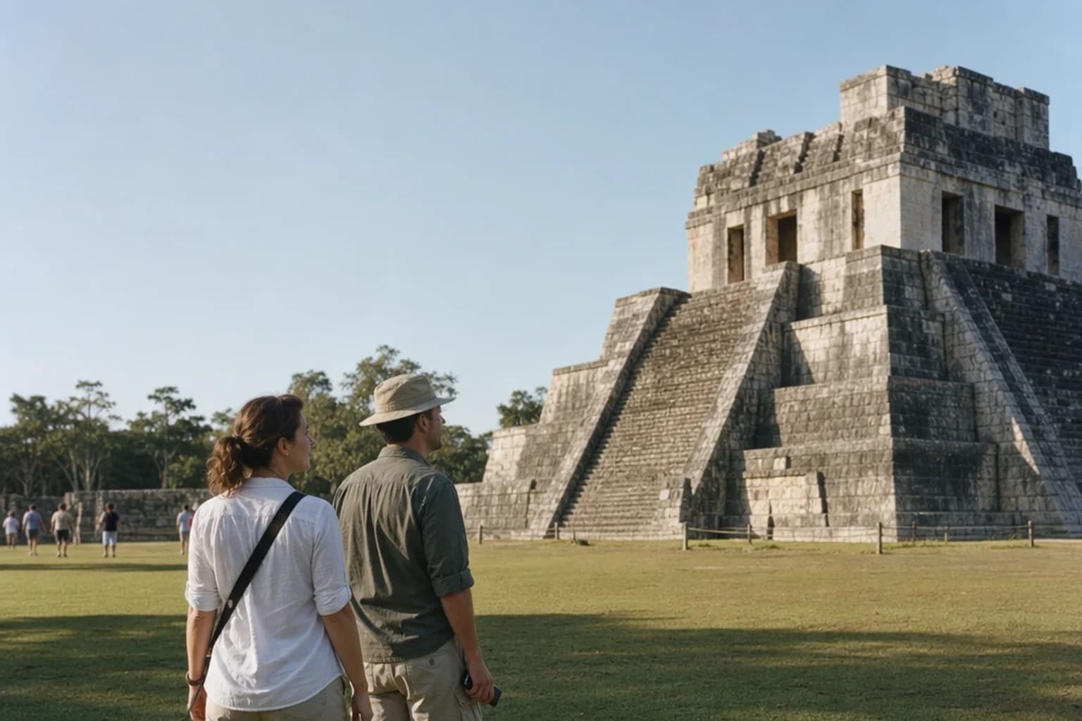 Couple walks toward an ancient Maya pyramid on an early-morning Chichen Itza tour