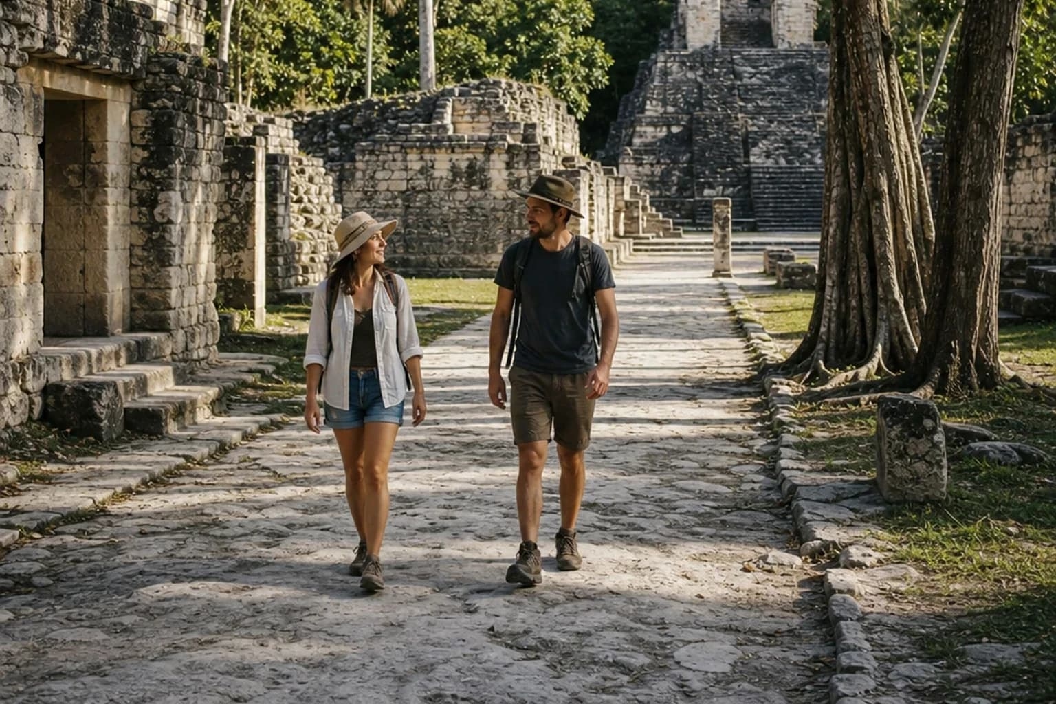 Two travelers explore Mayan ruins in Mexico along a white-stone road between jungle temple platforms